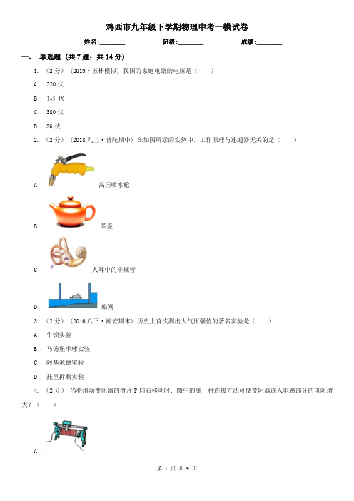 鸡西市九年级下学期物理中考一模试卷
