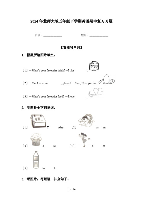 2024年北师大版五年级下学期英语期中复习习题