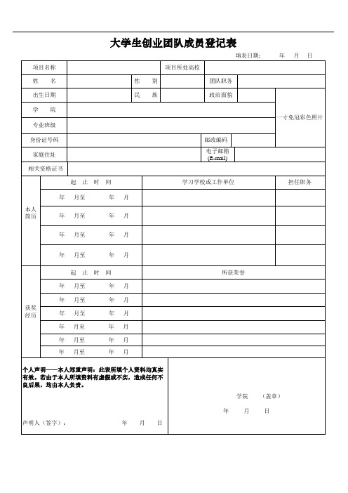 大学生创业团队成员登记表