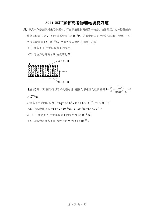 2021年广东省高考物理电场复习题 (56)