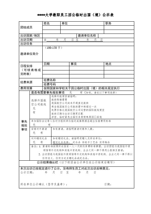 中山大学教职员工因公临时出国(境)公示表【模板】