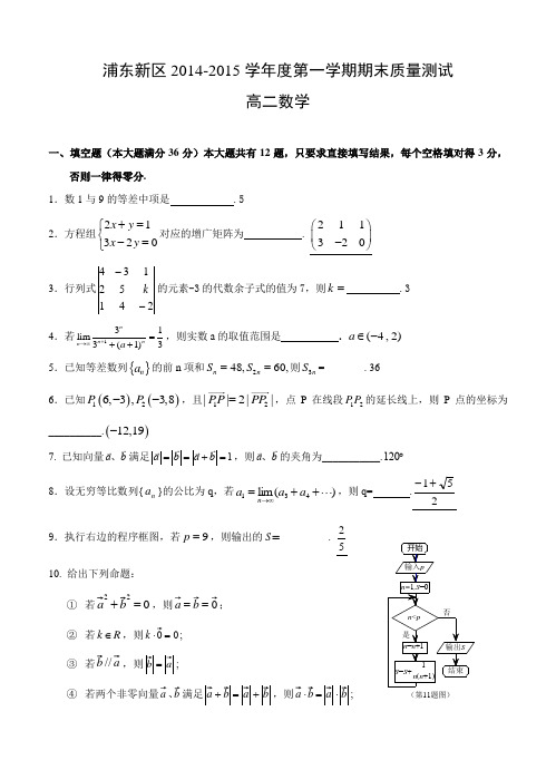 上海市浦东新区2014-2015学年高二上学期期末考试数学试题