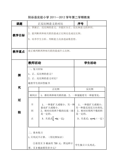 正、反比例意义的对比