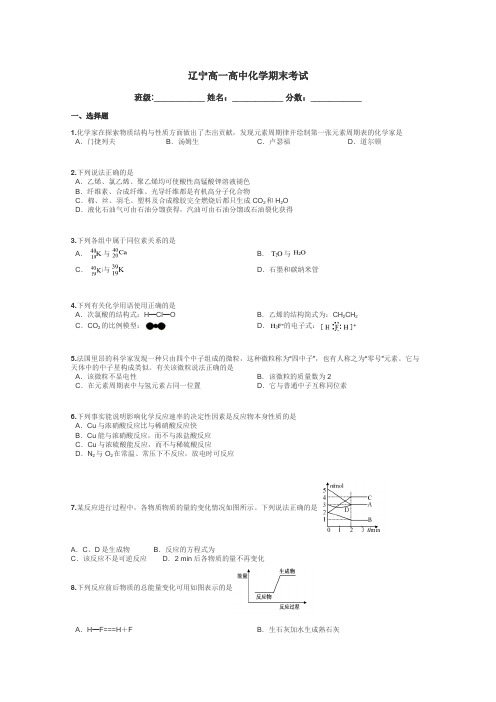 辽宁高一高中化学期末考试带答案解析
