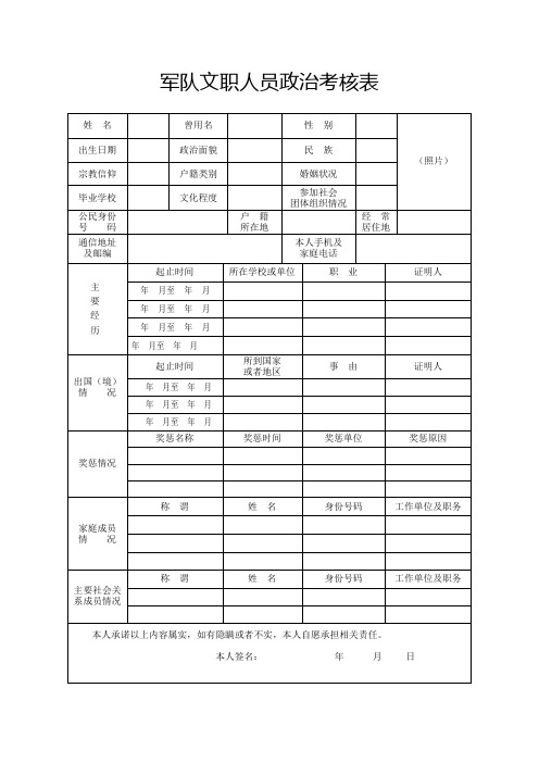 军队文职人员政治考核表