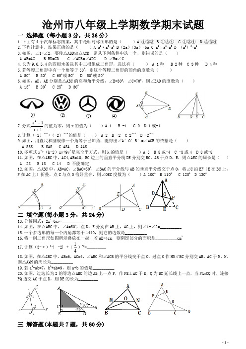 沧州市(2015-2016)八年级上学期数学期末试题