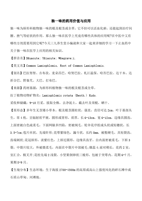【优秀文档】独一味的药用价值与应用