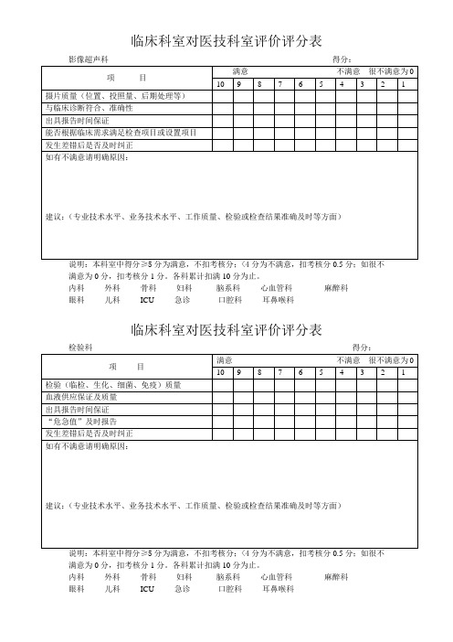临床科室对医技科室评分表