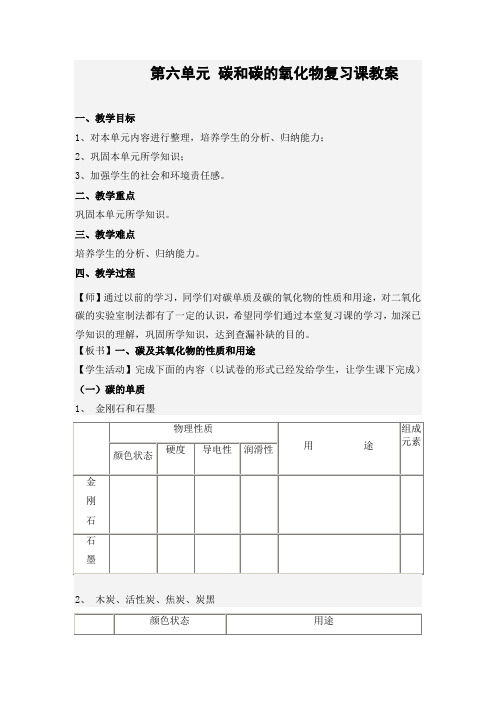 第六单元 碳和碳的氧化物复习课教案