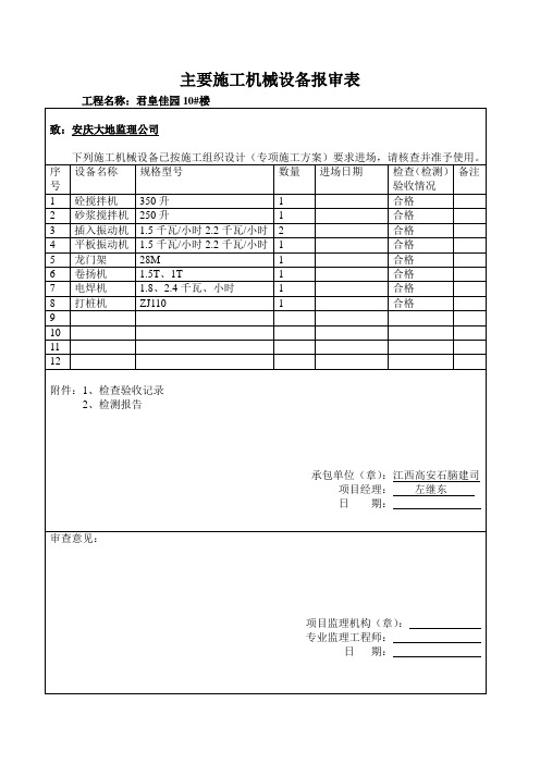 主要施工机械设备报审表