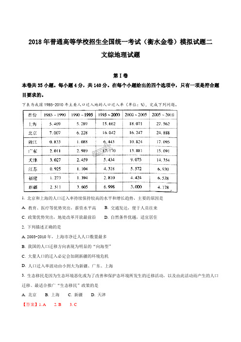 全国省级联考2018年普通高等学校招生全国统一考试(衡水金卷)文综地理试题模拟试题(二)(解析版)