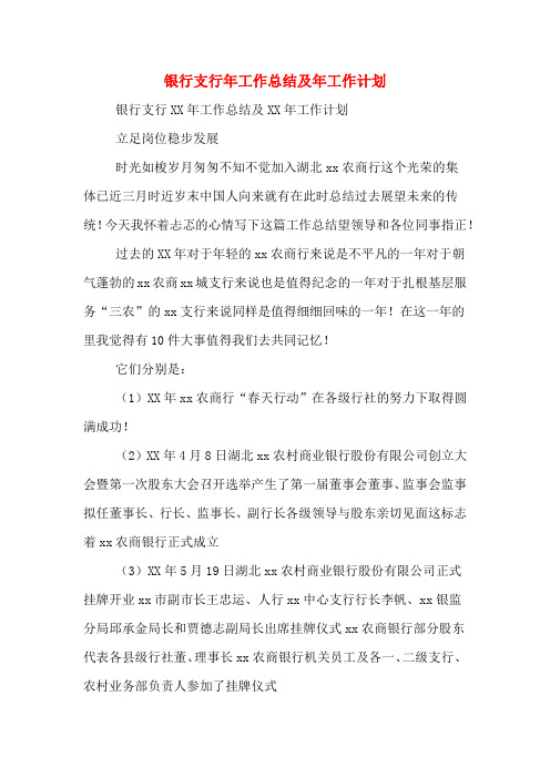 2020年银行支行年工作总结及年工作计划