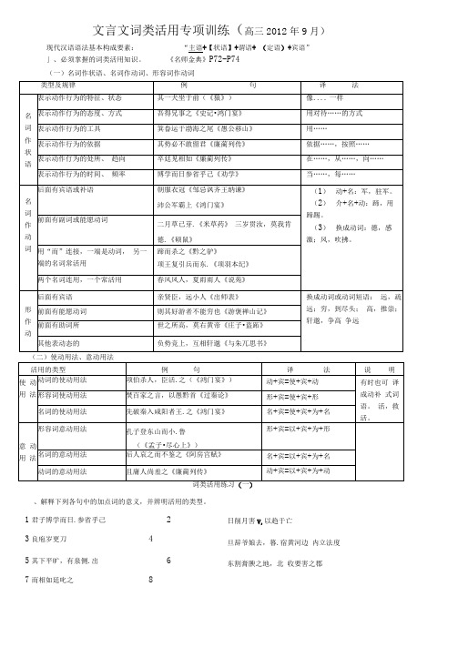 文言文词类活用专项训练及标准答案