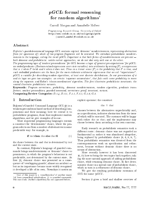 Research Articles pGCL formal reasoning for random algorithms