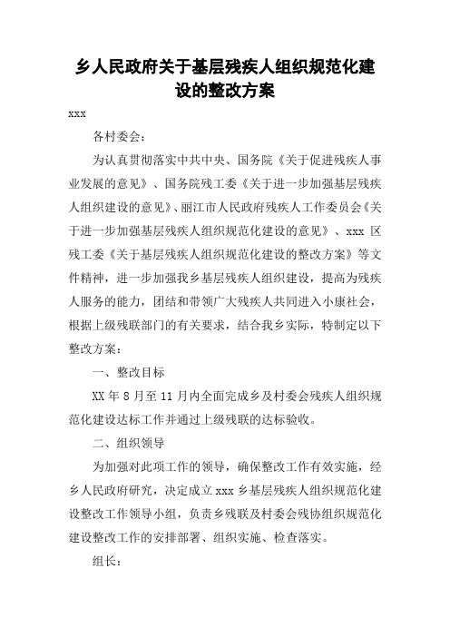 乡人民政府关于基层残疾人组织规范化建设的整改方案