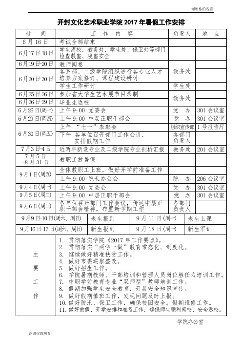 开封文化艺术职业学院2017年暑假工作安排.doc