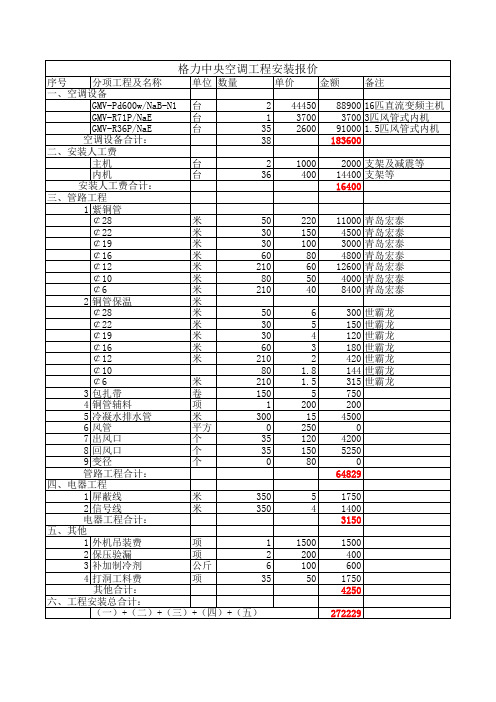 格力空调工程安装报价