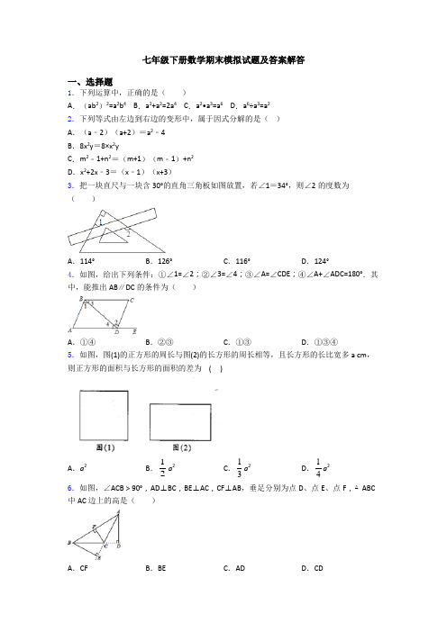 七年级下册数学期末模拟试题及答案解答