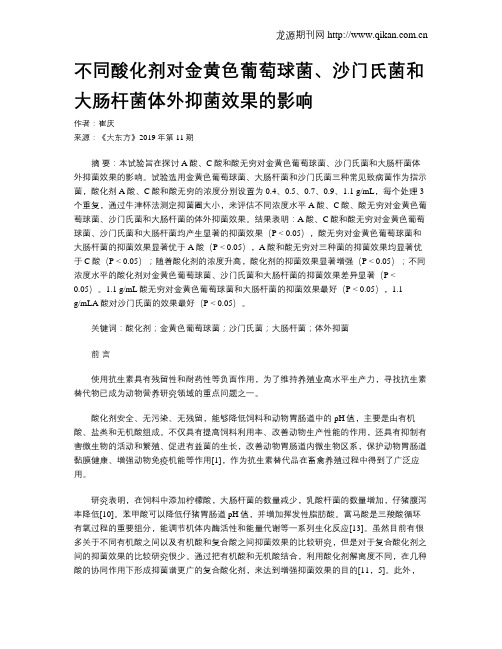 不同酸化剂对金黄色葡萄球菌、沙门氏菌和大肠杆菌体外抑菌效果的影响