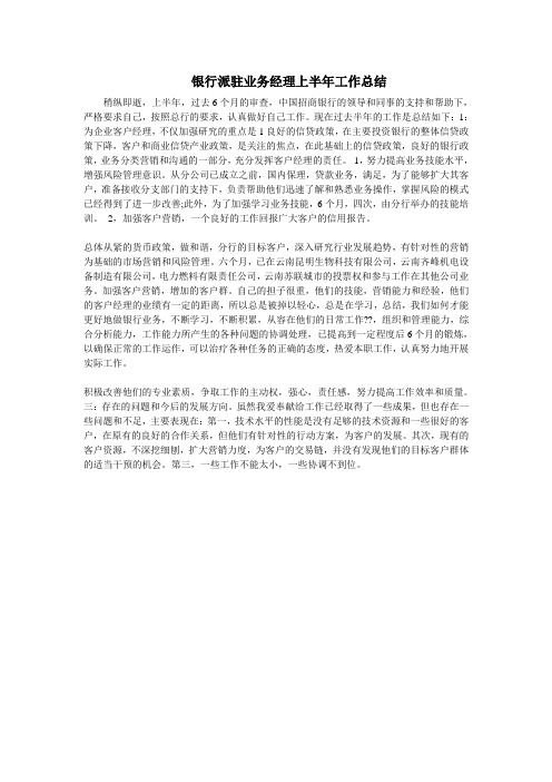 银行派驻业务经理上半年工作总结