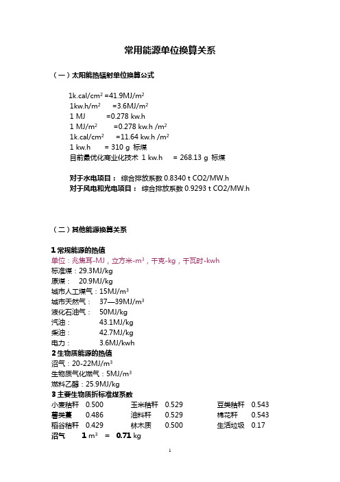 常用能源换算公式