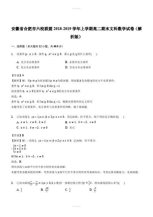 安徽省合肥市六校联盟2018-2019学年上学期高二期末文科数学试卷(附参考答案)