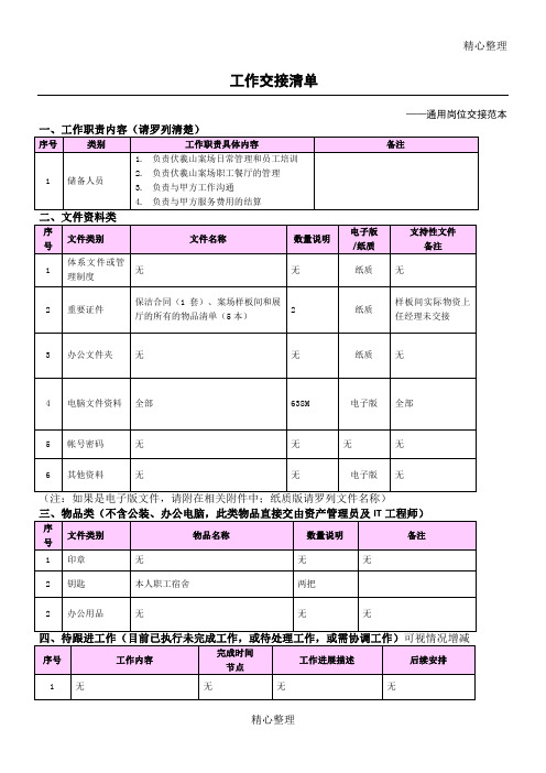 通用岗位工作交接表范本