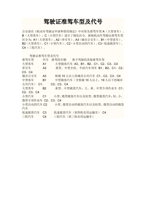 驾驶证准驾车型及代号