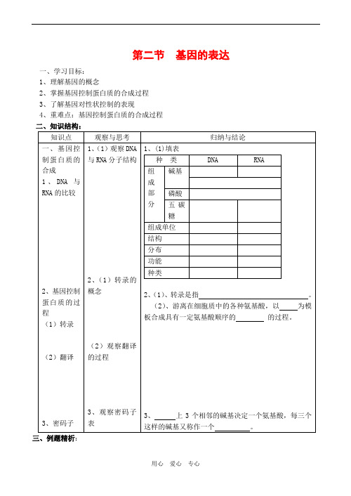 高中生物：第二节 基因的表达学案 中图版必修2
