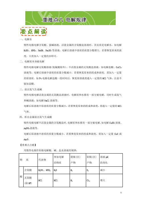 高二化学第四章电化学基础(人教版选修4)：重难点八电解规律含解析