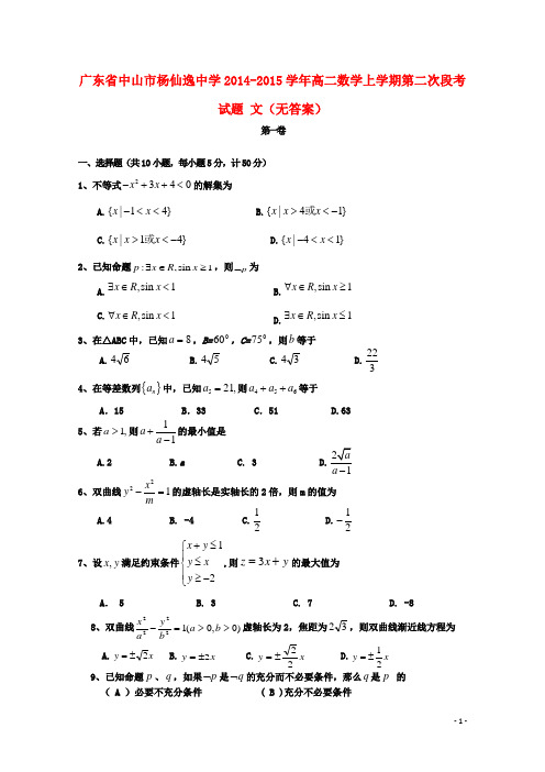 广东省中山市杨仙逸中学高二数学上学期第二次段考试题 文(无答案)