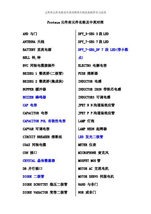 元件库元件名称及中英对照单片机仿真软件学习必用