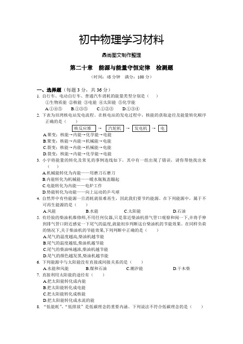 粤教沪科版物理九年级下册试题第二十章《能源与能量守恒定律》检测题(含答案).docx