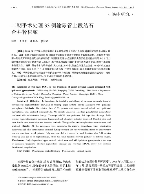 二期手术处理33例输尿管上段结石合并肾积脓