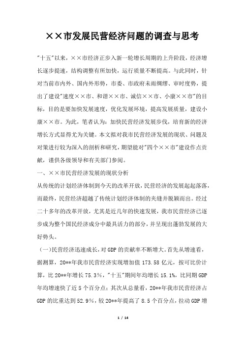 2019年××市发展民营经济问题的调查与思考