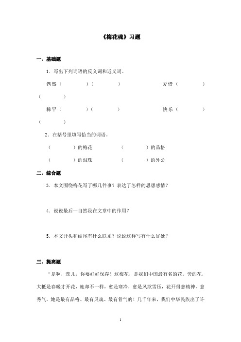 最新鄂教版小学语文六年级上册《梅花魂》精选习题第一课时(精品)