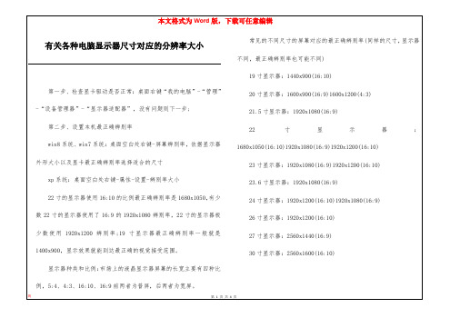 有关各种电脑显示器尺寸对应的分辨率大小