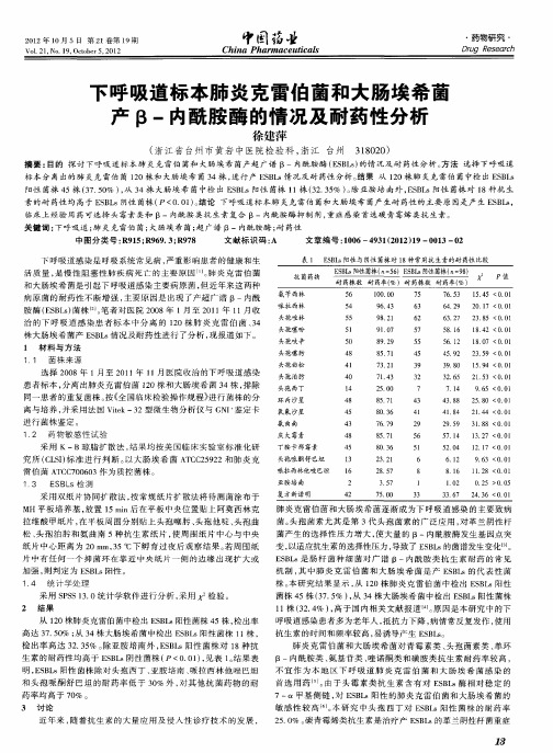 下呼吸道标本肺炎克雷伯菌和大肠埃希菌产β-内酰胺酶的情况及耐药性分析