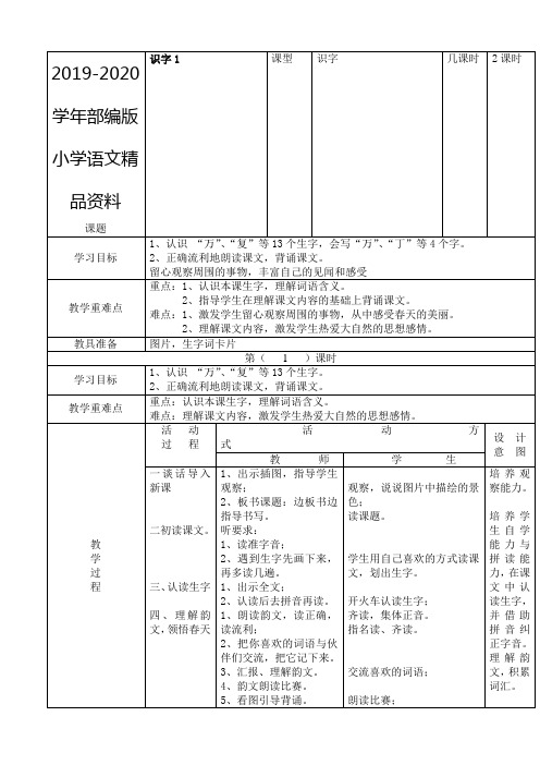 2019-2020学年小学一年级语文下册全册电子教案【表格式】