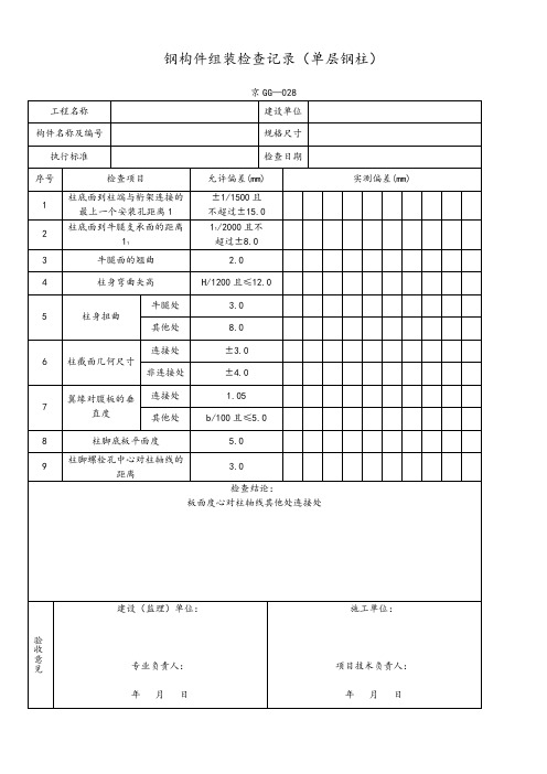 钢构件组装检查记录(单层钢柱)