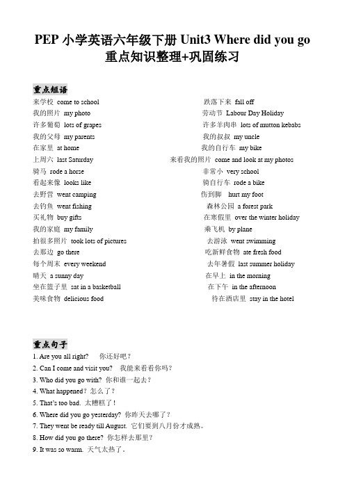 PEP小学英语六年级下册Unit3 Where did you go知识整理+巩固练习