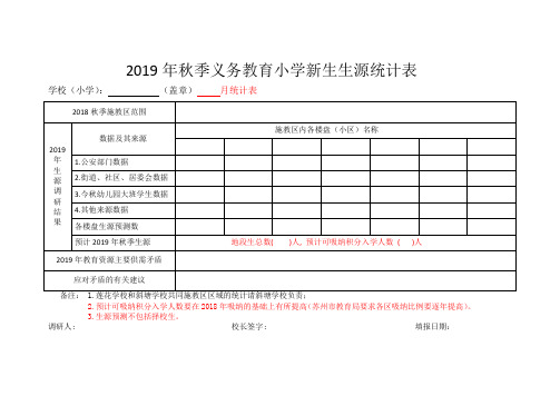 2019年秋季义务教育小学新生生源统计表