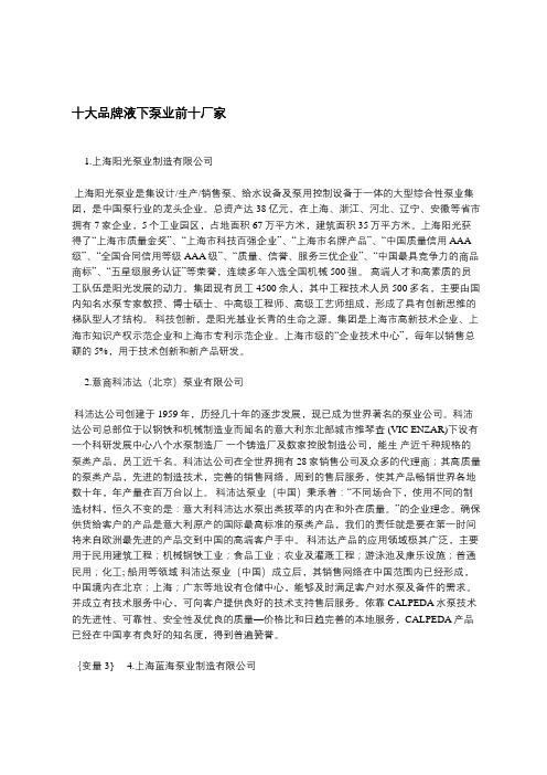 十大品牌液下泵业前十厂家
