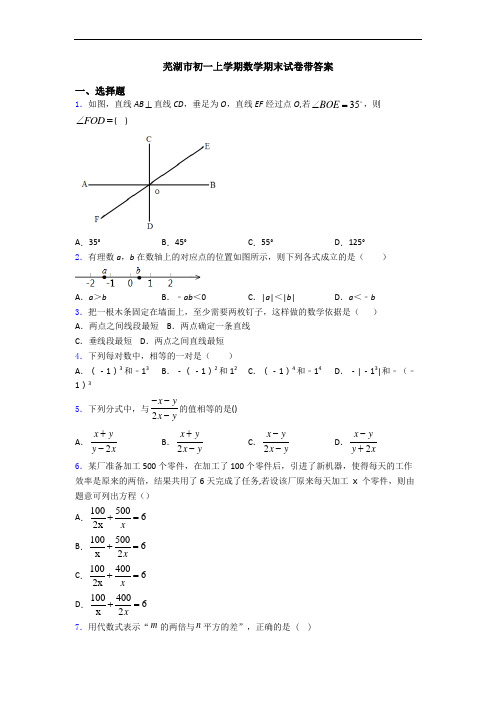 芜湖市初一上学期数学期末试卷带答案