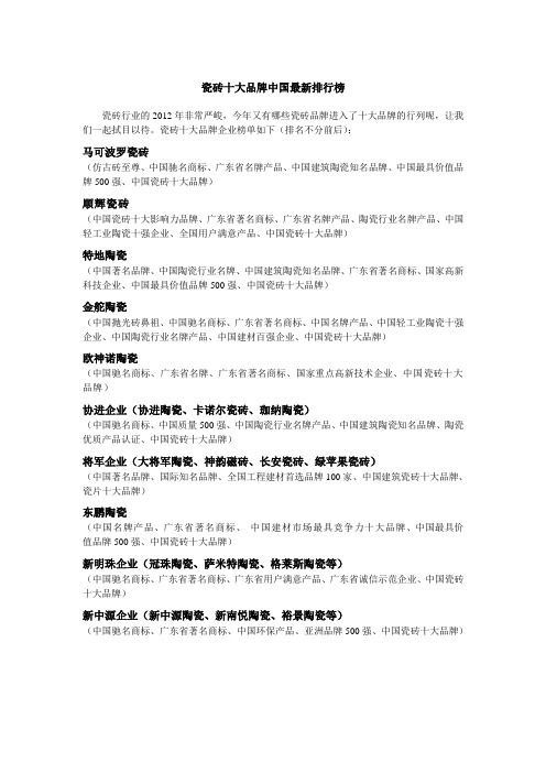 瓷砖十大品牌中国最新排行榜
