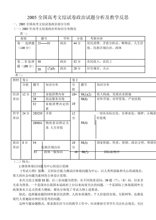 2005全国高考文综试卷政治试题分析及教学反思