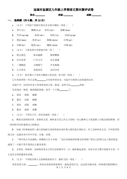 运城市盐湖区九年级上学期语文期末测评试卷