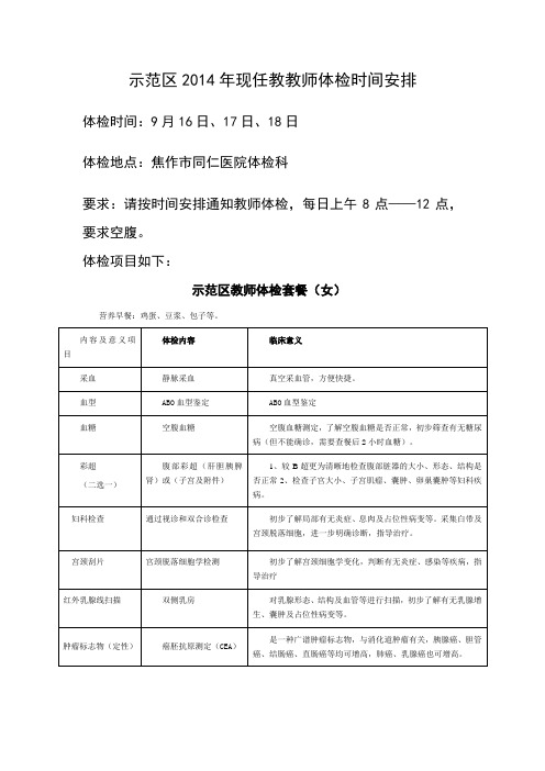 2014年教师体检安排及项目通知