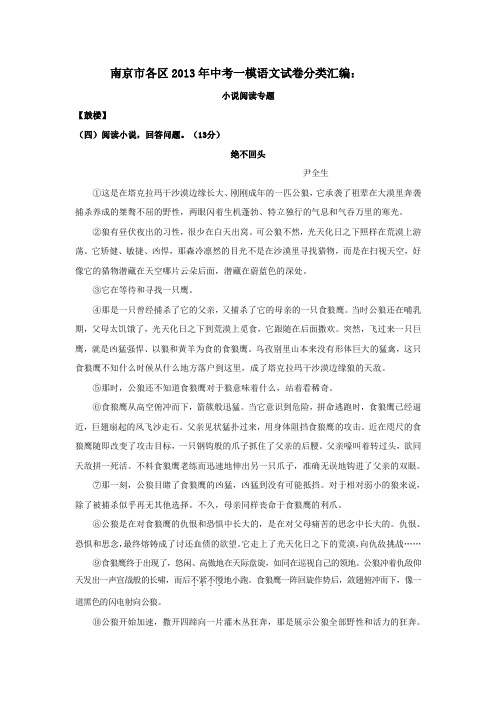 南京市各区2013年中考一模语文试卷分类汇编：小说阅读专题(含答案)概述