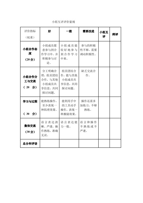 小组互评评价量规